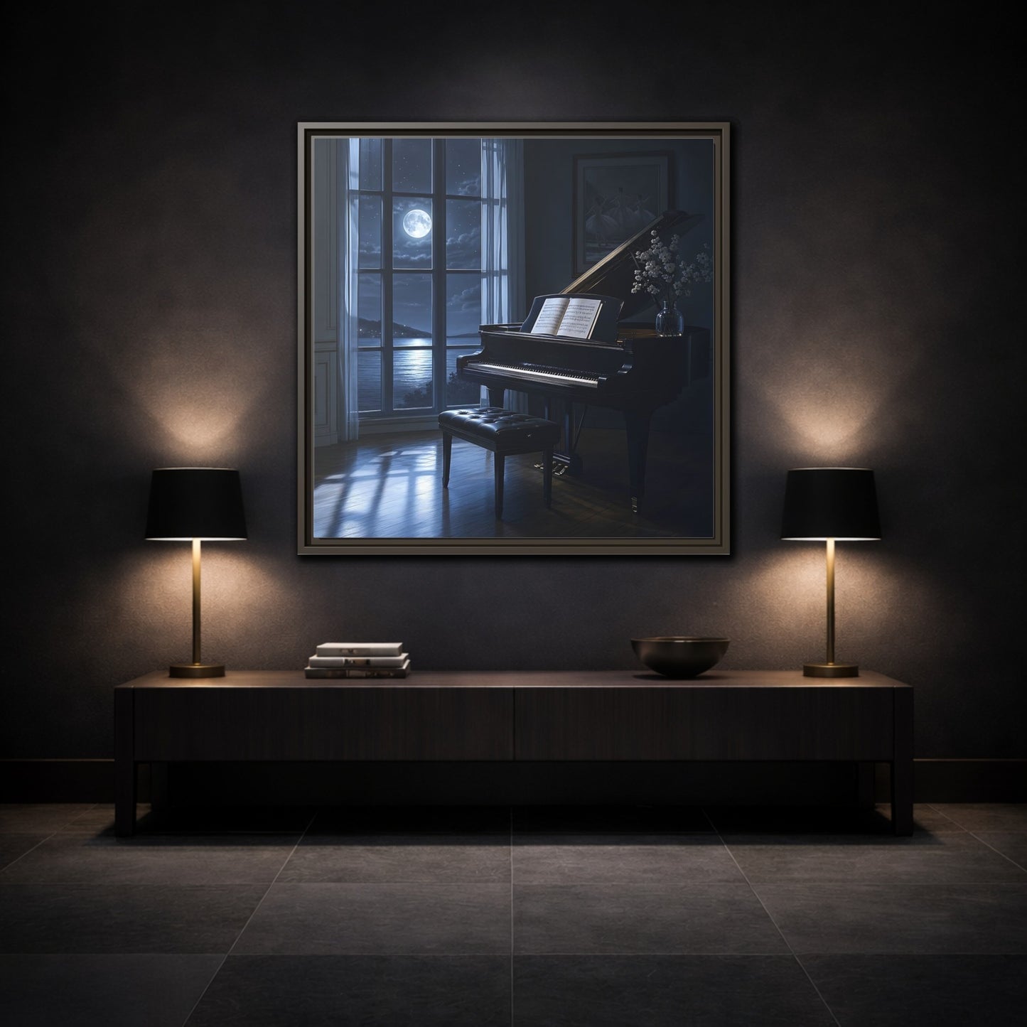Mockup 3. Moonlit Grand Piano By Lake shown as framed canvas print
