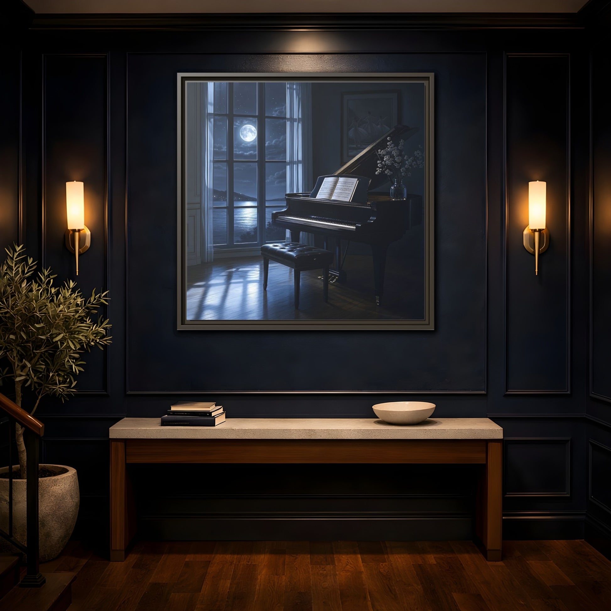 Mockup 4. Moonlit Grand Piano By Lake shown as framed canvas print