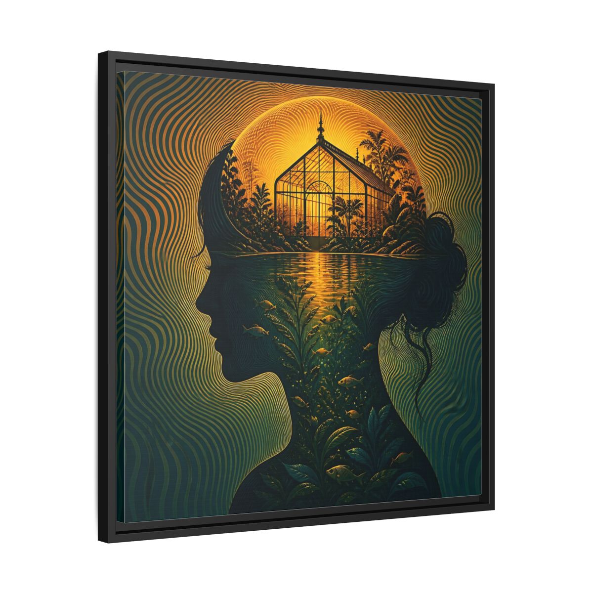Side Mockup 31. Moonlit Greenhouse Mind shown as framed canvas print