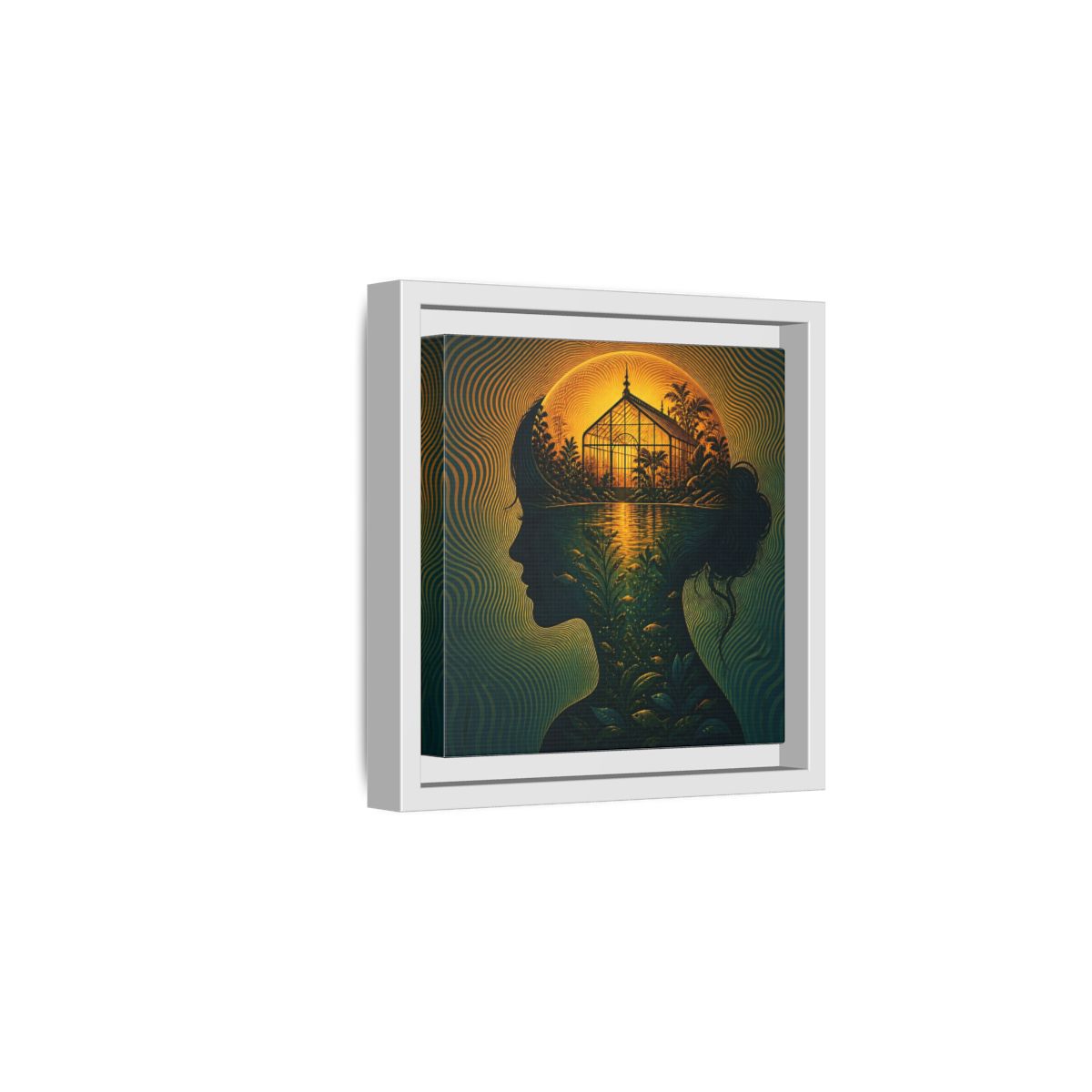 Side Mockup 1. Moonlit Greenhouse Mind shown as framed canvas print