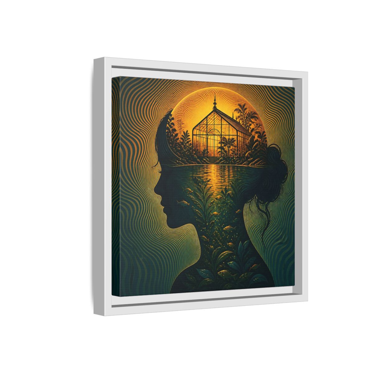 Side Mockup 16. Moonlit Greenhouse Mind shown as framed canvas print