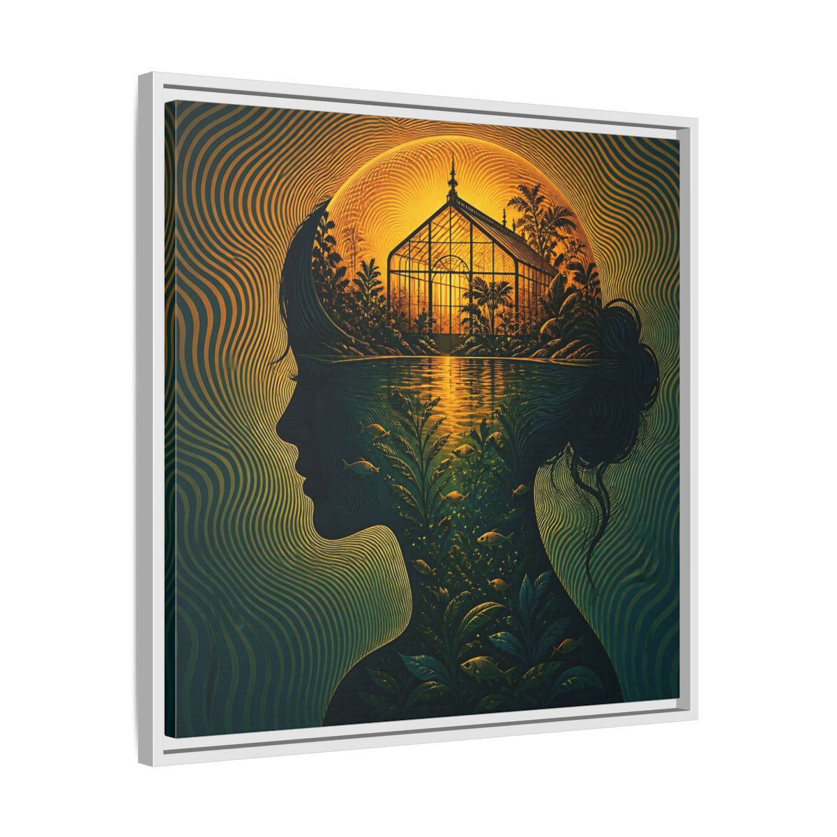Side Mockup 26. Moonlit Greenhouse Mind shown as framed canvas print