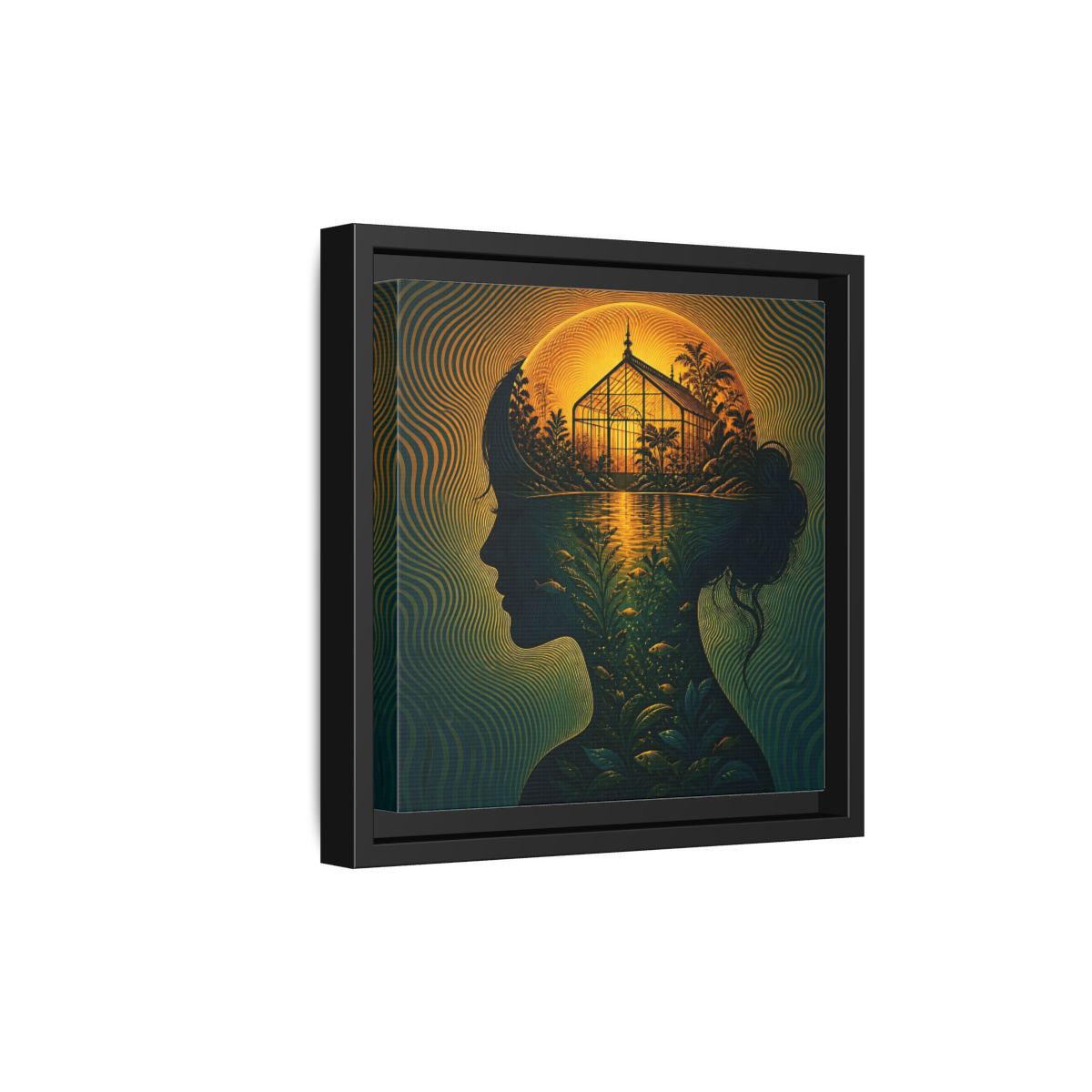 Side Mockup 21. Moonlit Greenhouse Mind shown as framed canvas print