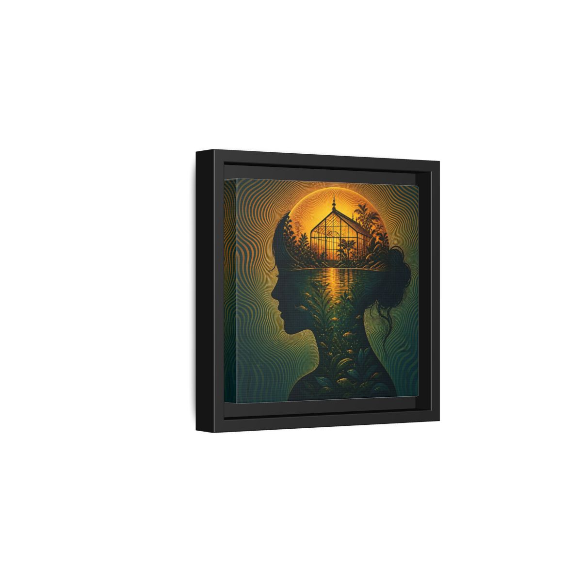 Side Mockup 3. Moonlit Greenhouse Mind shown as framed canvas print