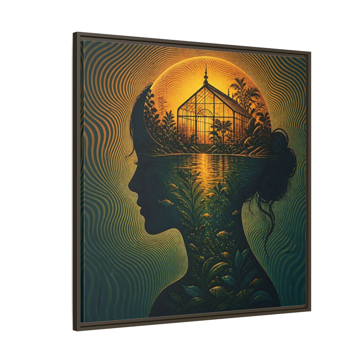 Side Mockup 5. Moonlit Greenhouse Mind shown as framed canvas print