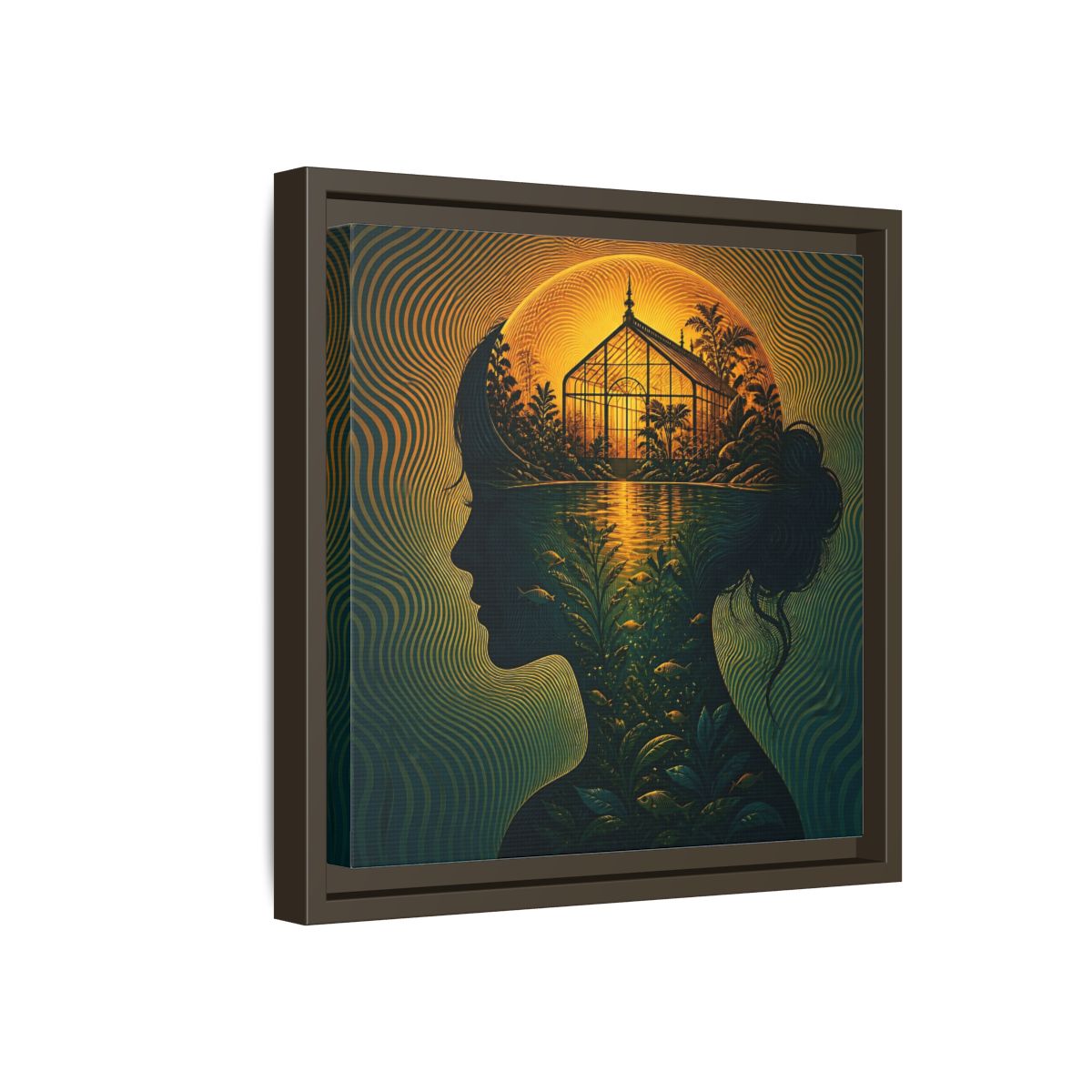 Side Mockup 17. Moonlit Greenhouse Mind shown as framed canvas print