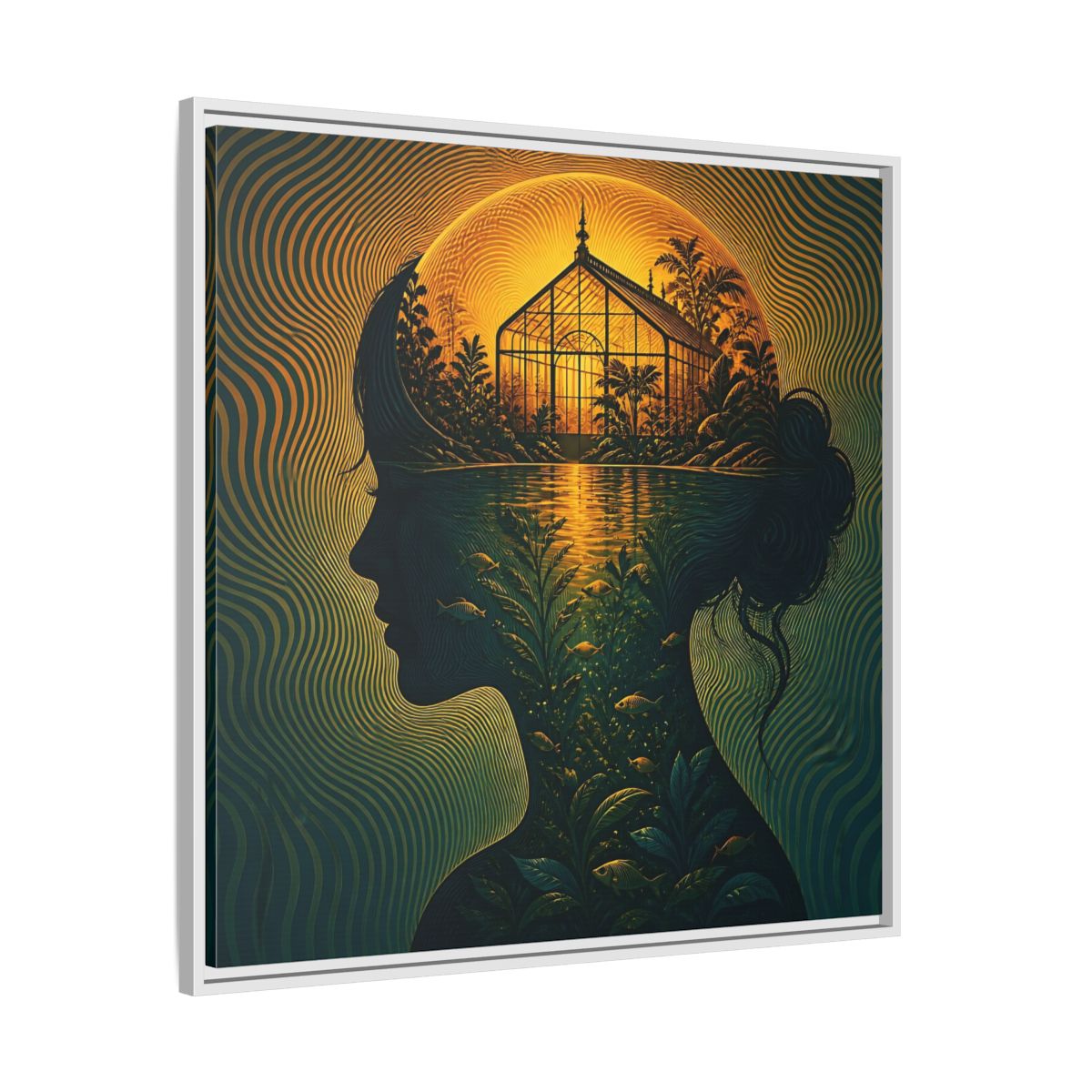 Side Mockup 25. Moonlit Greenhouse Mind shown as framed canvas print