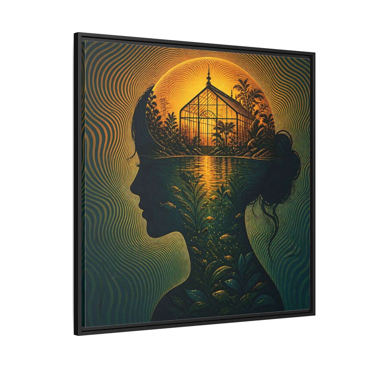Side Mockup 6. Moonlit Greenhouse Mind shown as framed canvas print
