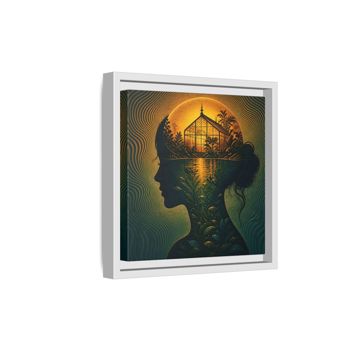 Side Mockup 19. Moonlit Greenhouse Mind shown as framed canvas print