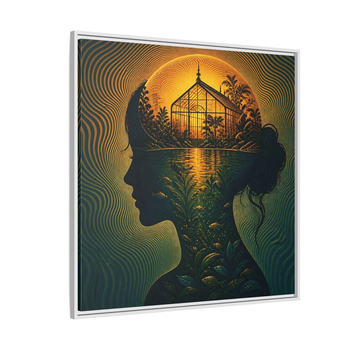 Side Mockup 4. Moonlit Greenhouse Mind shown as framed canvas print
