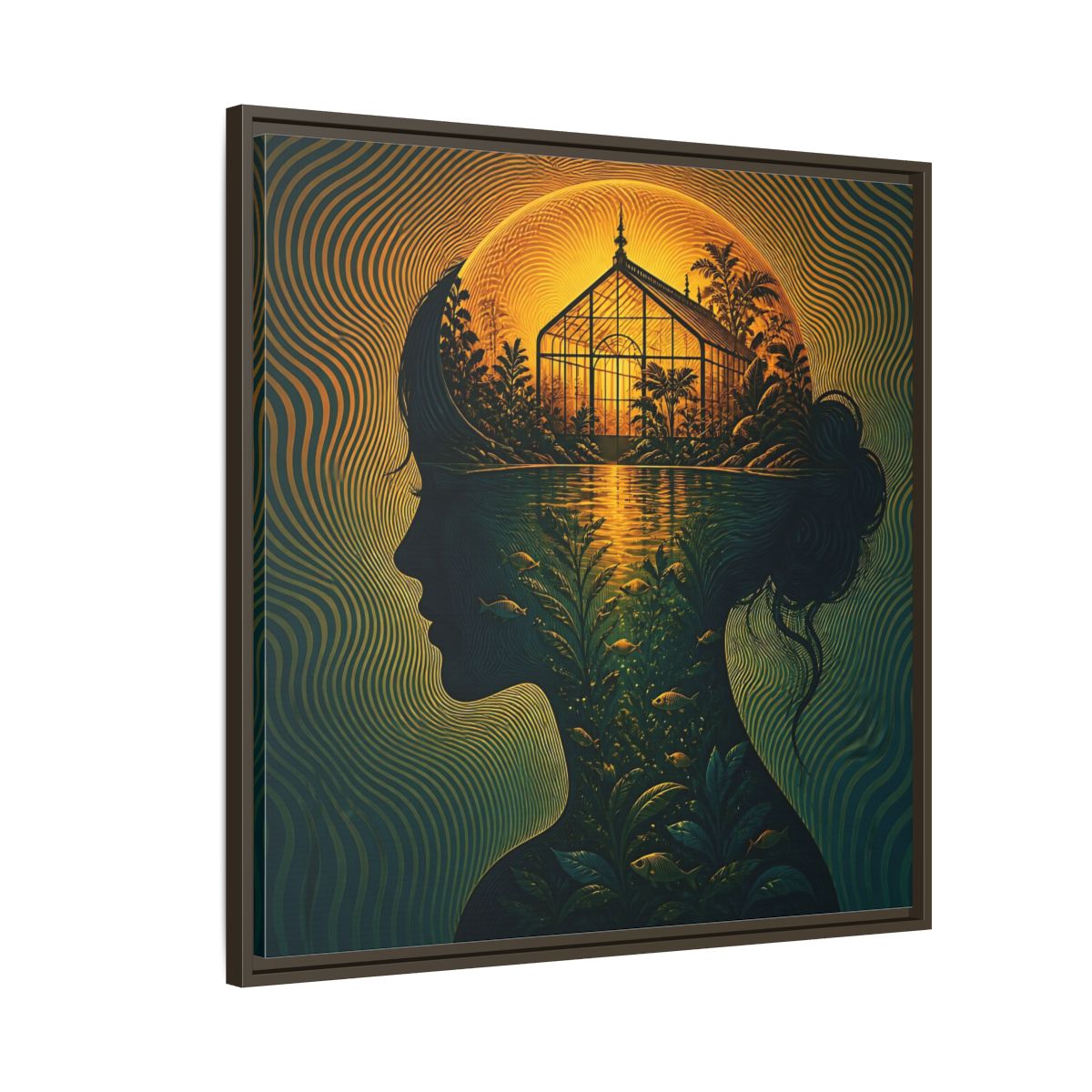 Side Mockup 8. Moonlit Greenhouse Mind shown as framed canvas print
