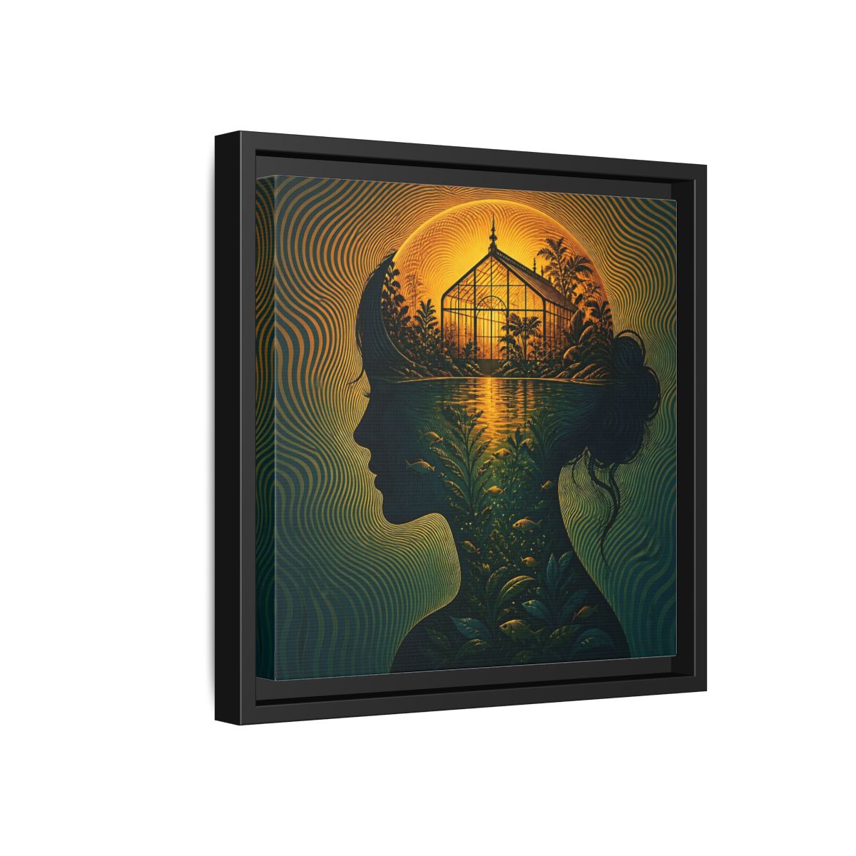 Side Mockup 18. Moonlit Greenhouse Mind shown as framed canvas print
