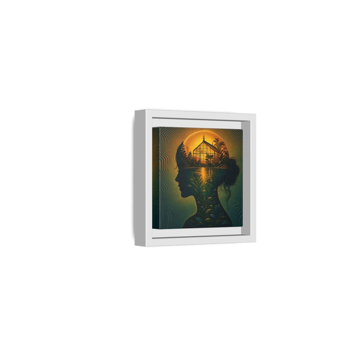 Side Mockup 22. Moonlit Greenhouse Mind shown as framed canvas print
