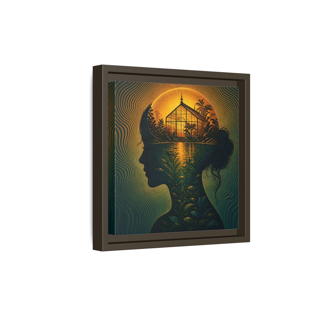 Side Mockup 20. Moonlit Greenhouse Mind shown as framed canvas print