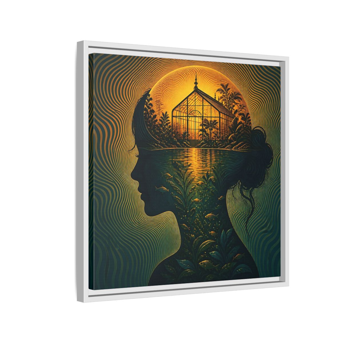 Side Mockup 10. Moonlit Greenhouse Mind shown as framed canvas print