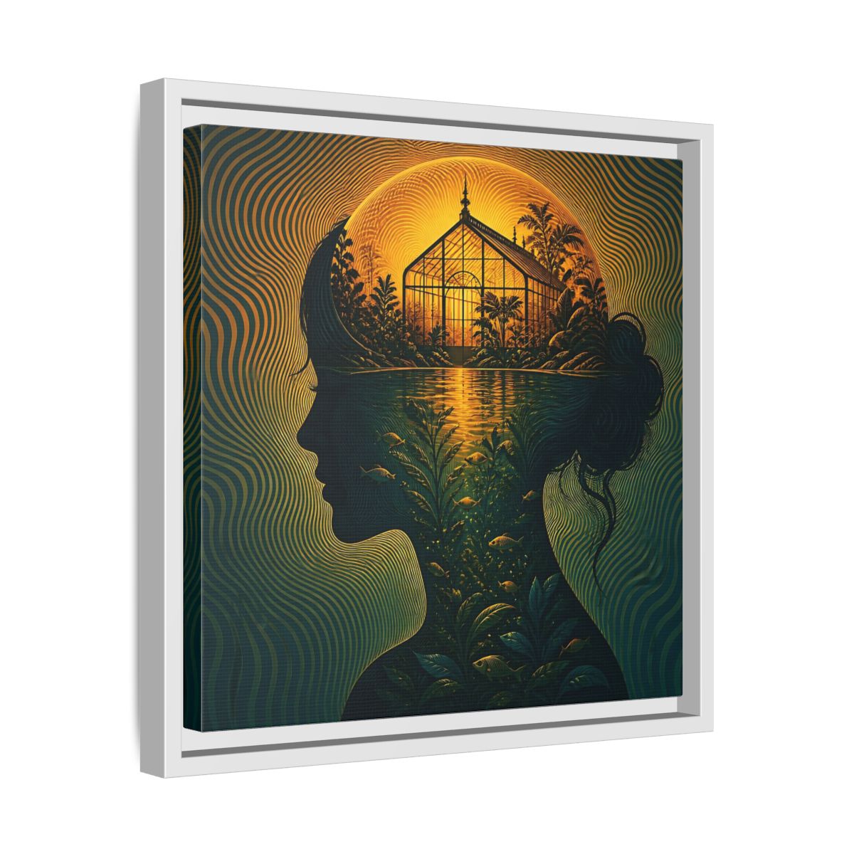 Side Mockup 28. Moonlit Greenhouse Mind shown as framed canvas print