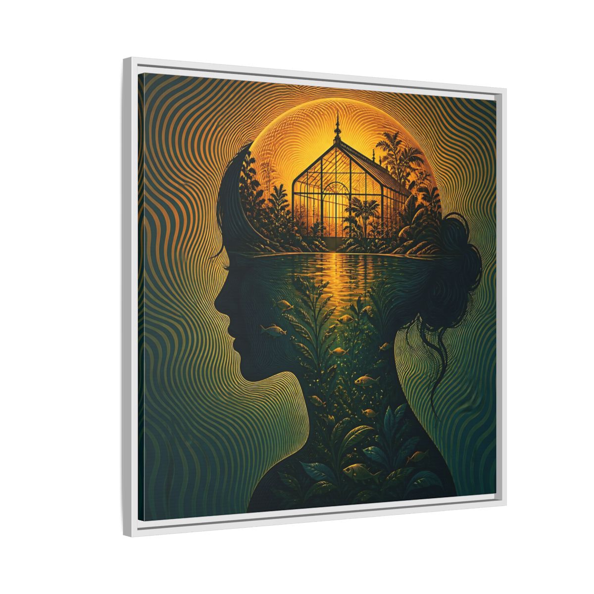 Side Mockup 7. Moonlit Greenhouse Mind shown as framed canvas print