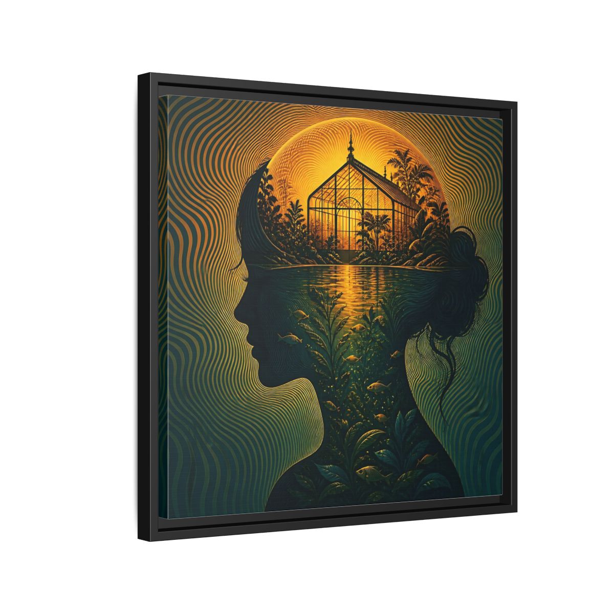 Side Mockup 12. Moonlit Greenhouse Mind shown as framed canvas print