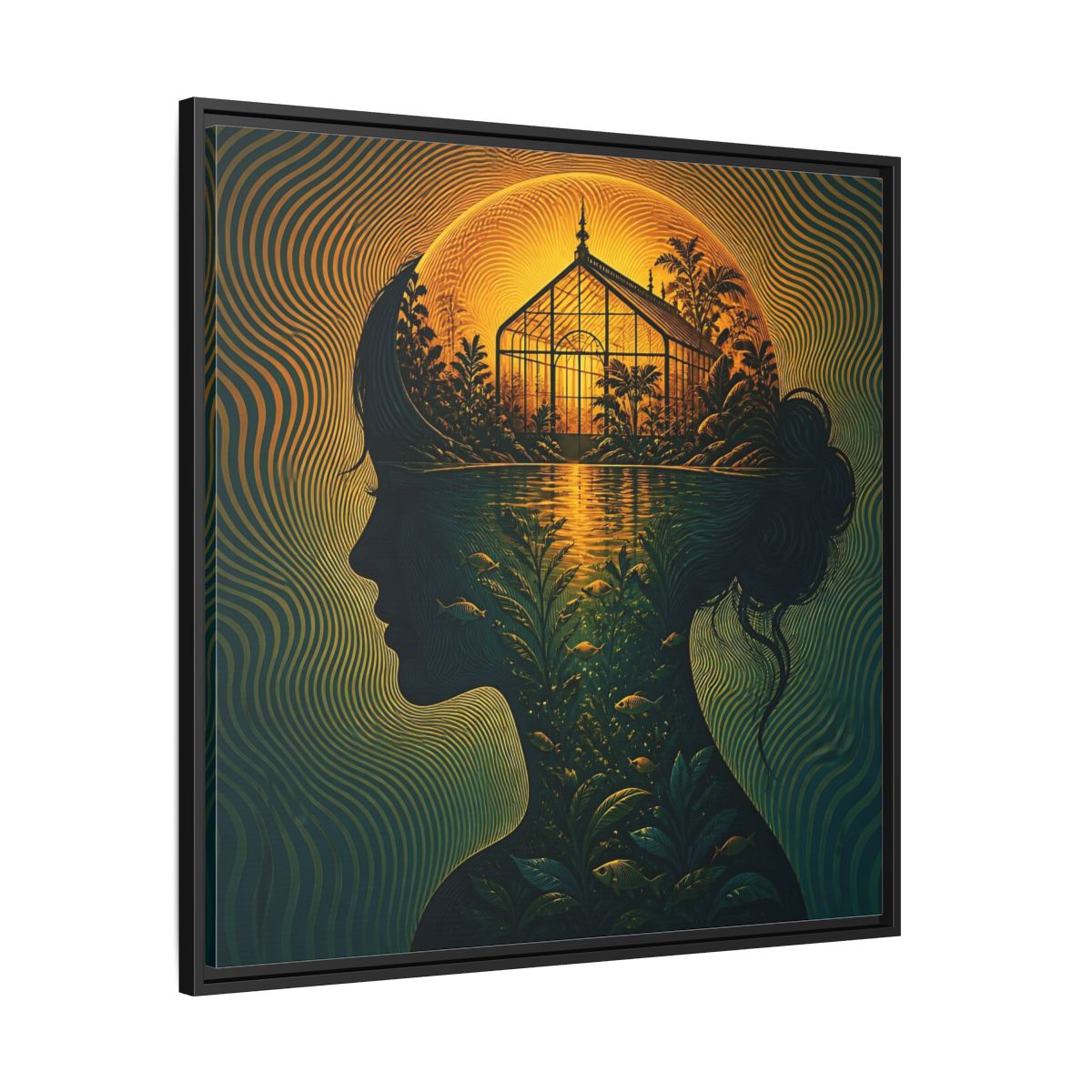 Side Mockup 30. Moonlit Greenhouse Mind shown as framed canvas print