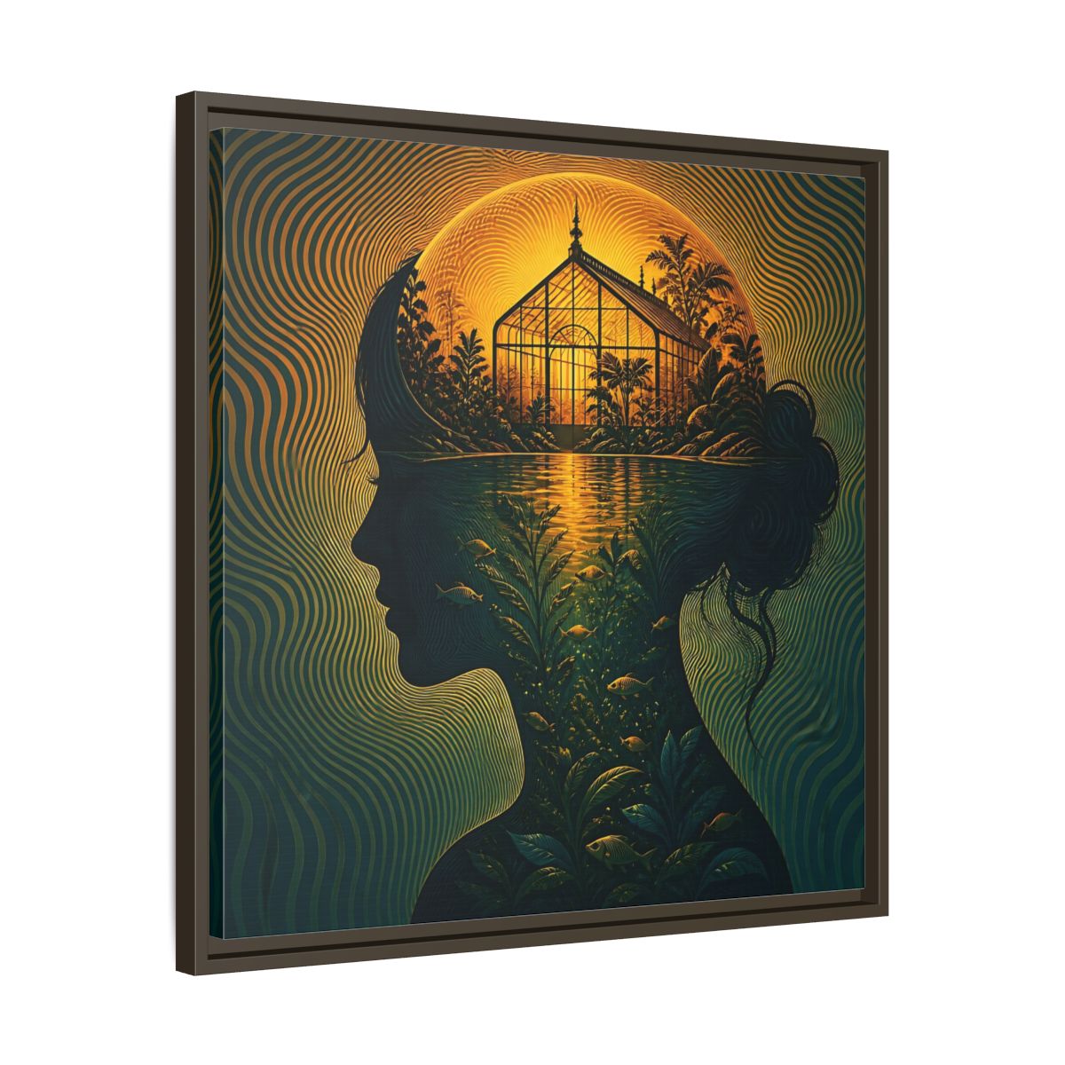 Side Mockup 27. Moonlit Greenhouse Mind shown as framed canvas print
