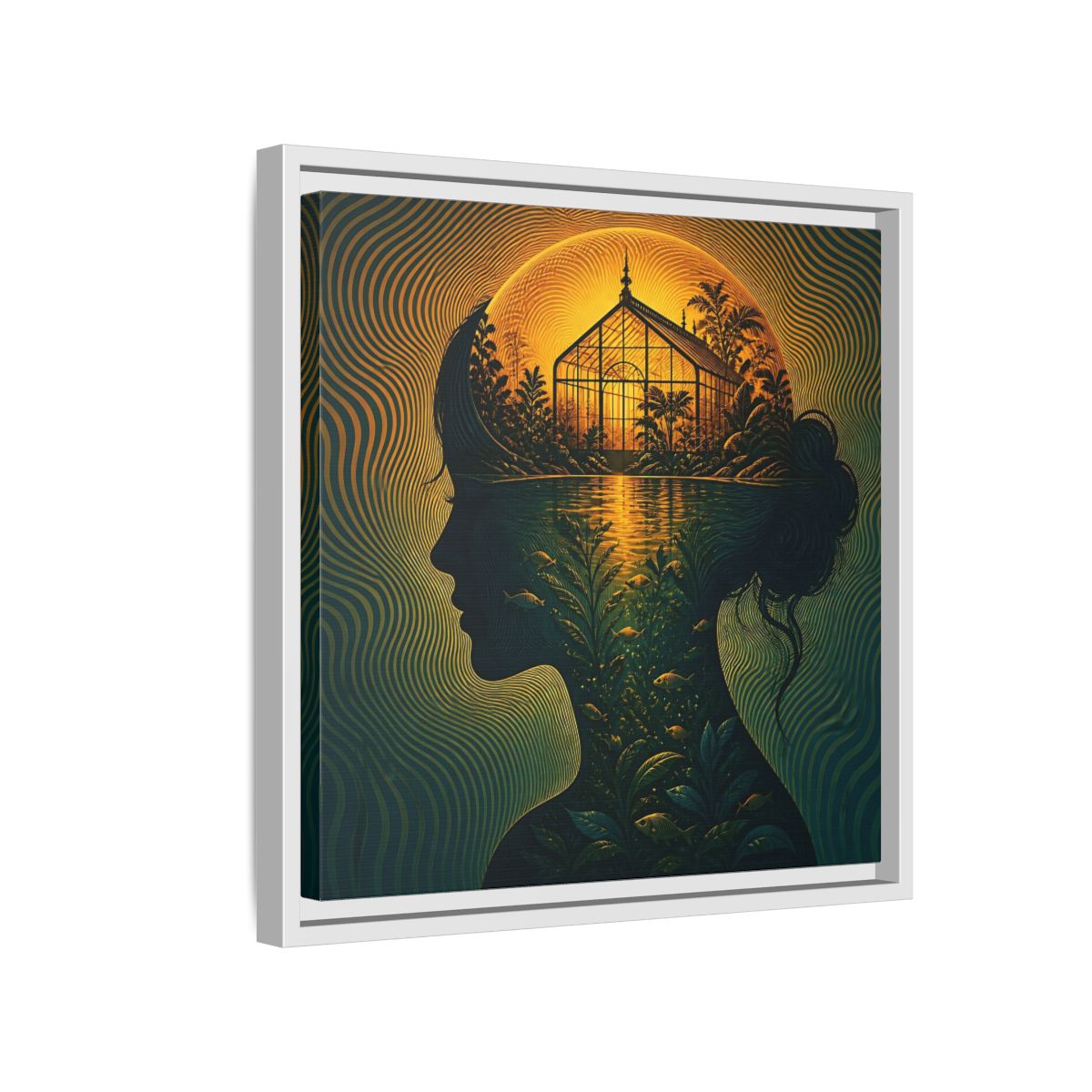 Side Mockup 13. Moonlit Greenhouse Mind shown as framed canvas print