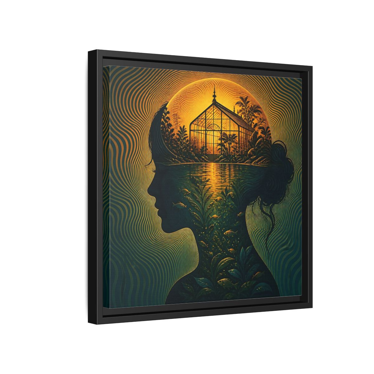 Side Mockup 15. Moonlit Greenhouse Mind shown as framed canvas print