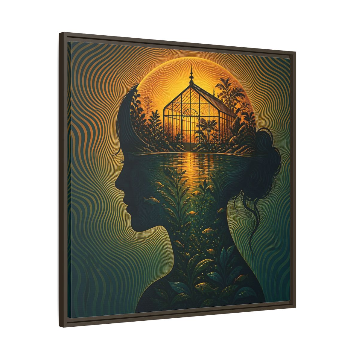 Main Mockup. Moonlit Greenhouse Mind shown as framed canvas print