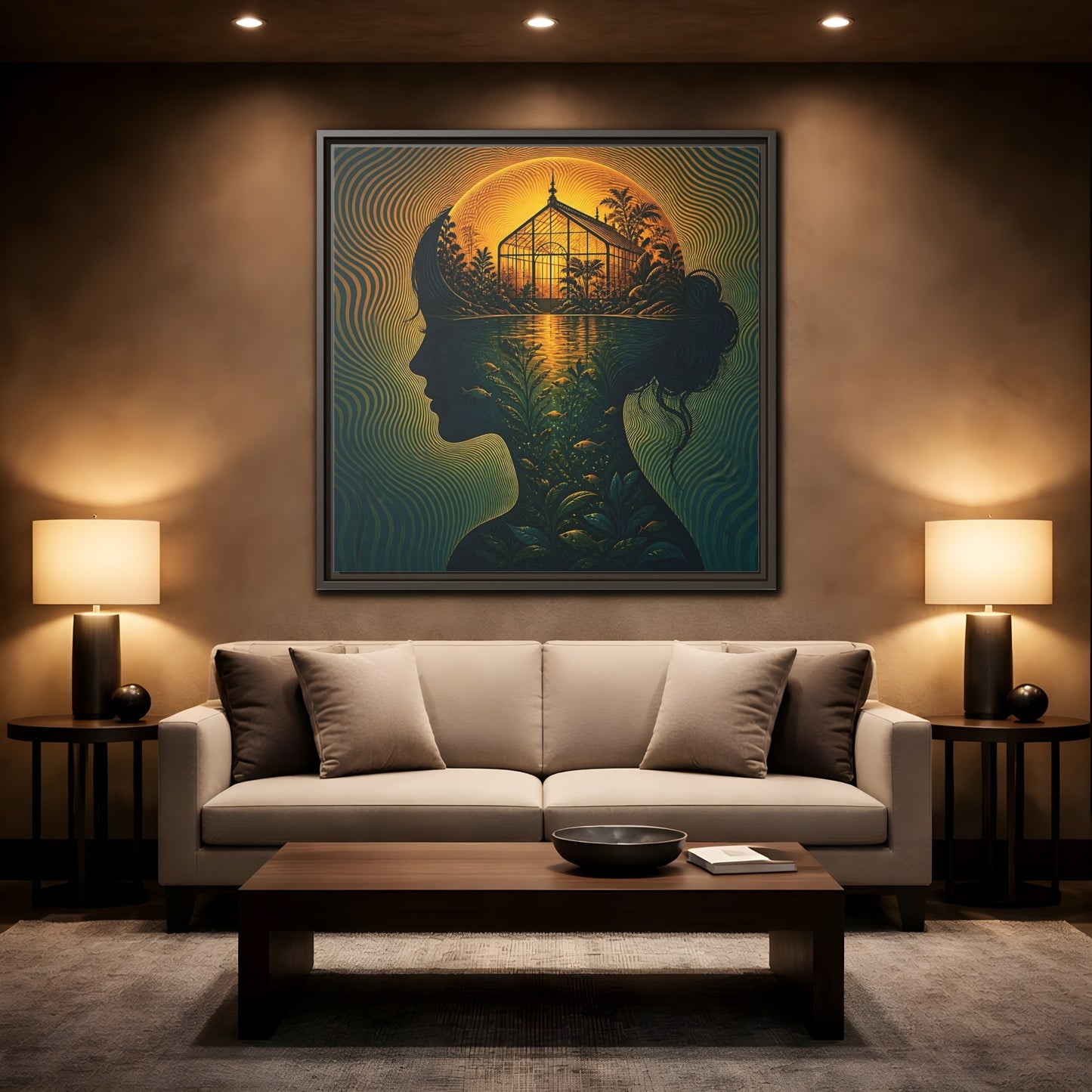 Mockup 2. Moonlit Greenhouse Mind shown as framed canvas print
