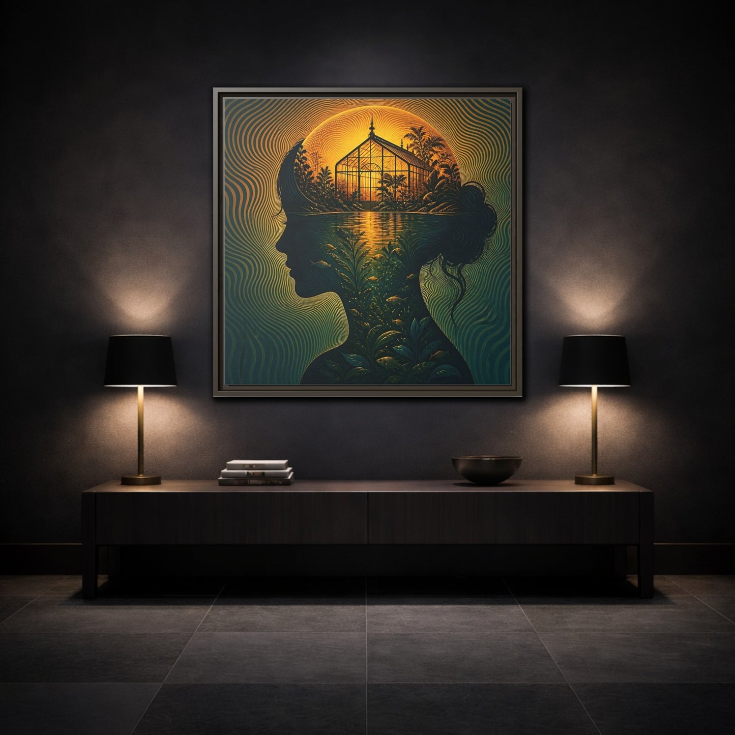 Mockup 3. Moonlit Greenhouse Mind shown as framed canvas print