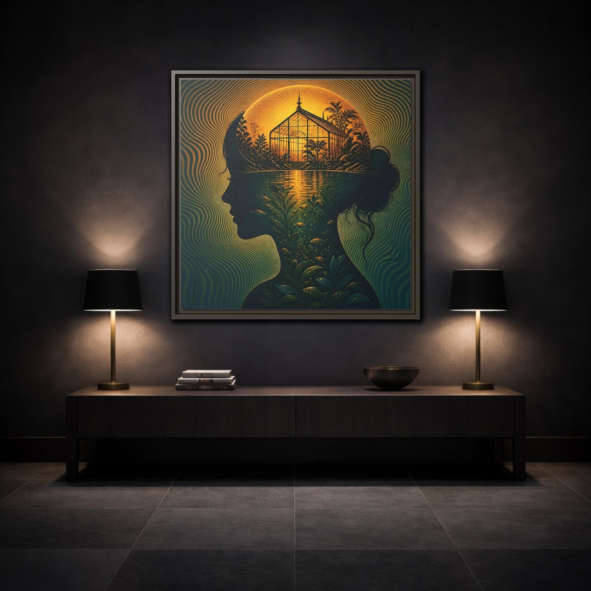 Mockup 3. Moonlit Greenhouse Mind shown as framed canvas print
