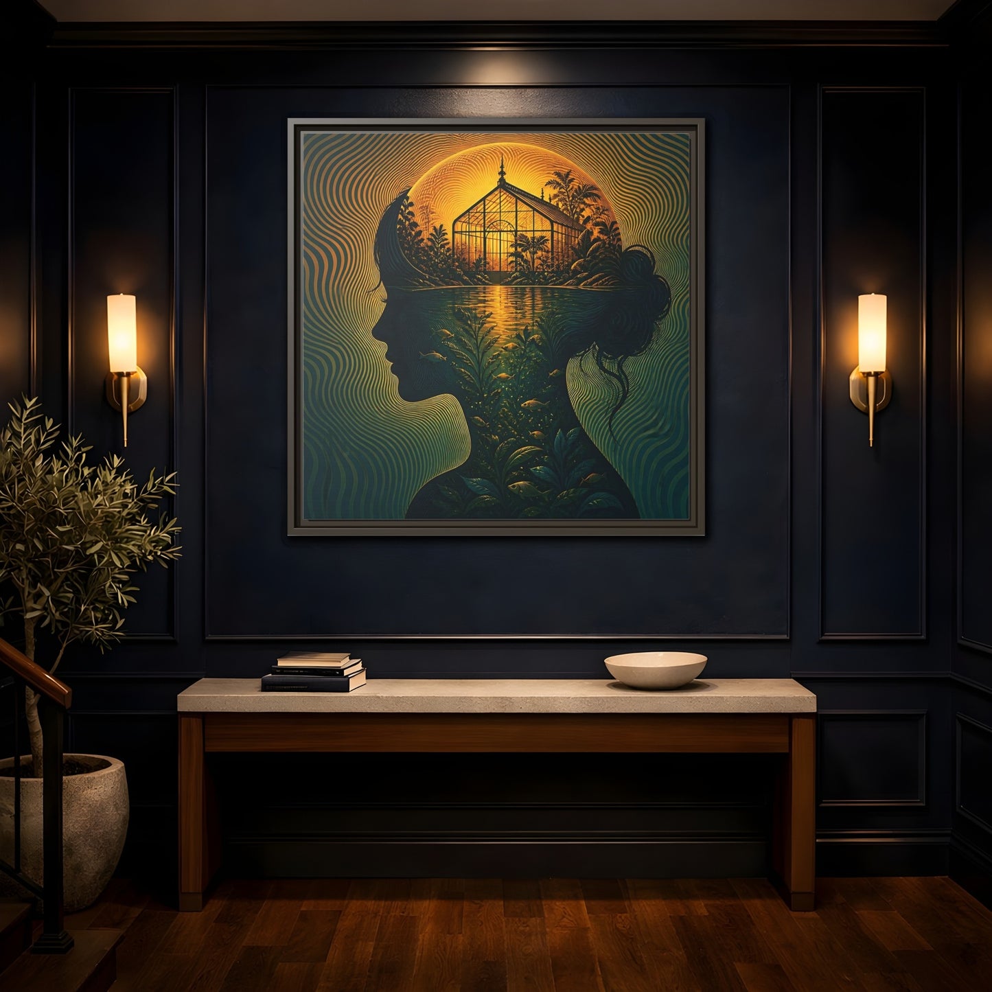 Mockup 4. Moonlit Greenhouse Mind shown as framed canvas print
