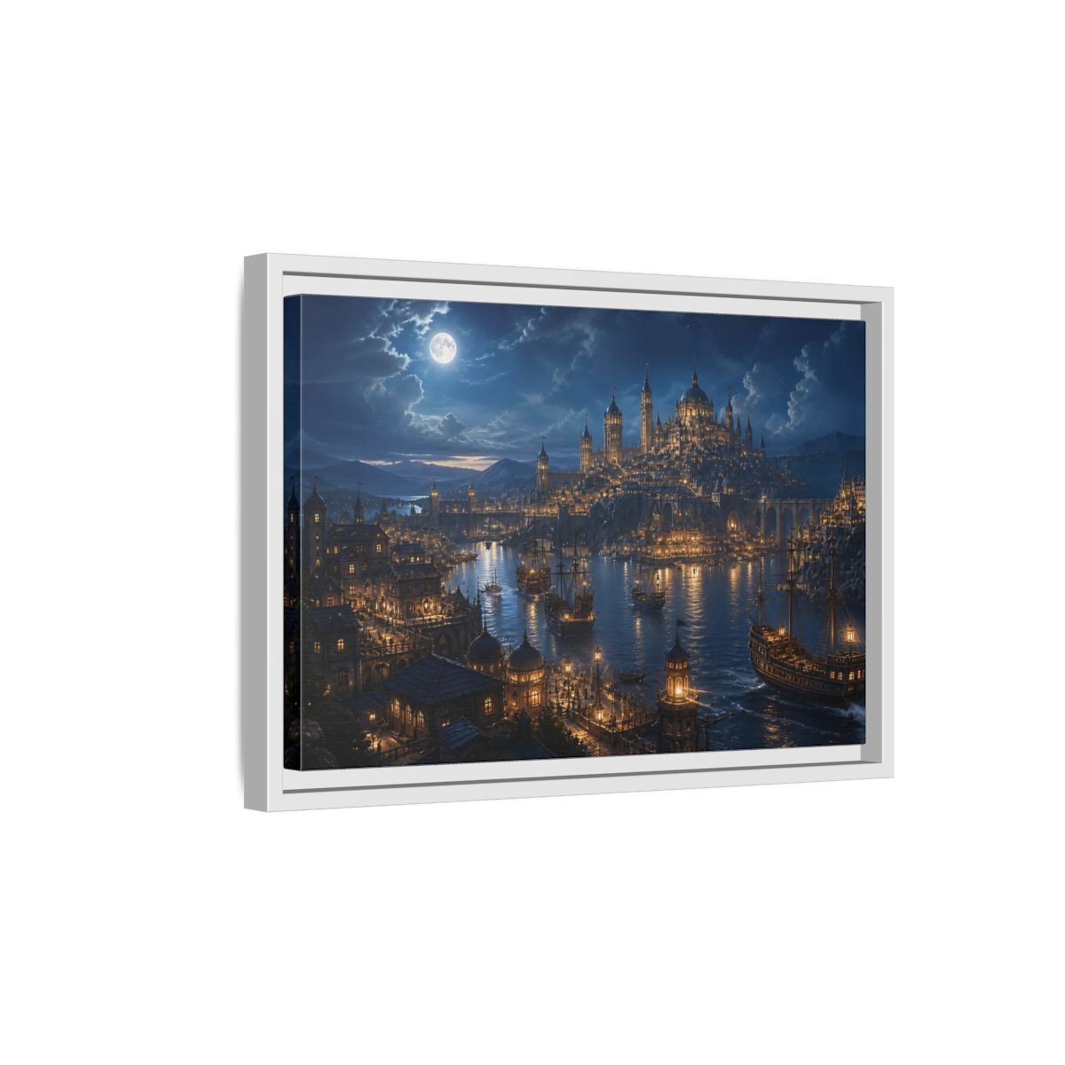 Side Mockup 4. Moonlit Harbor City shown as framed canvas print