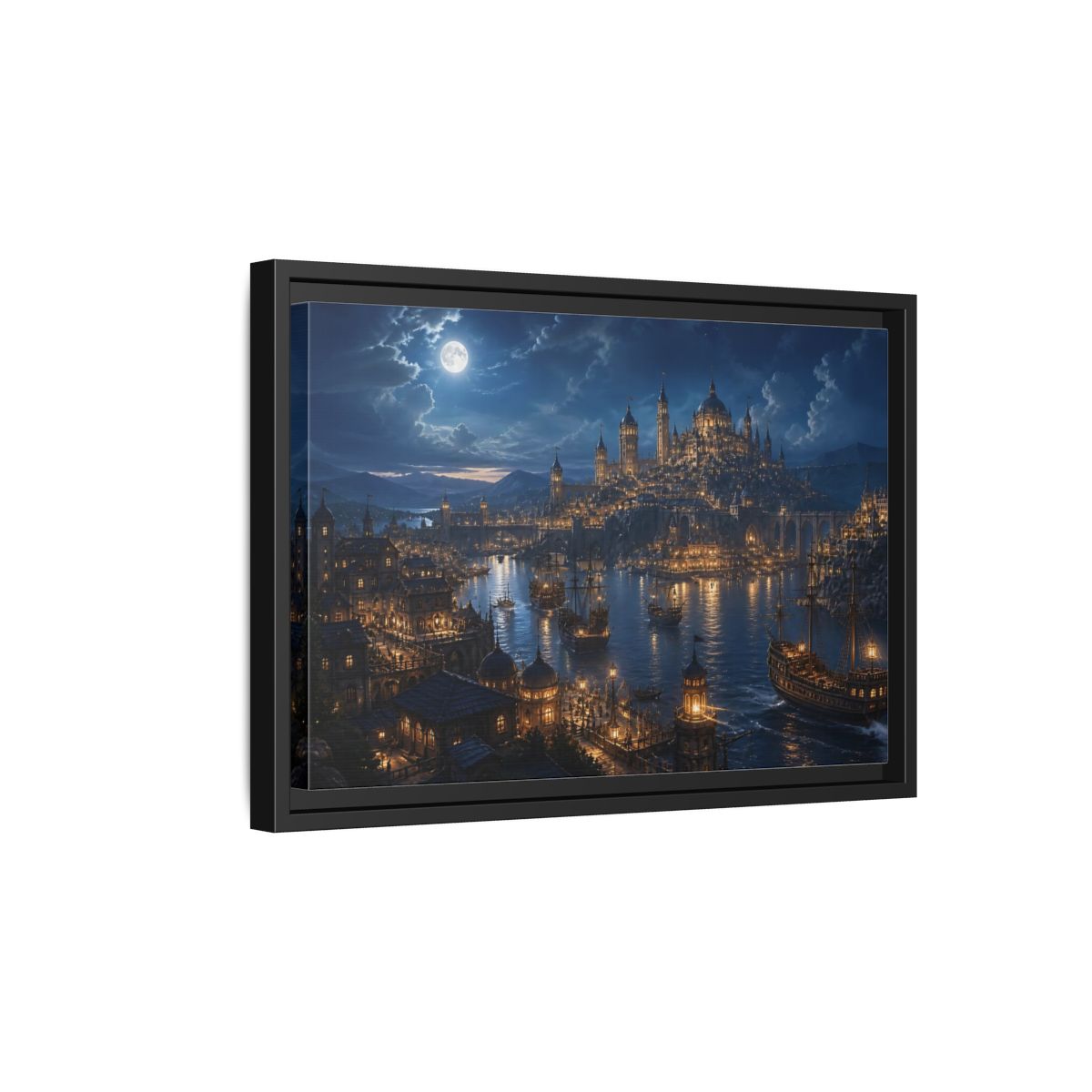 Side Mockup 6. Moonlit Harbor City shown as framed canvas print