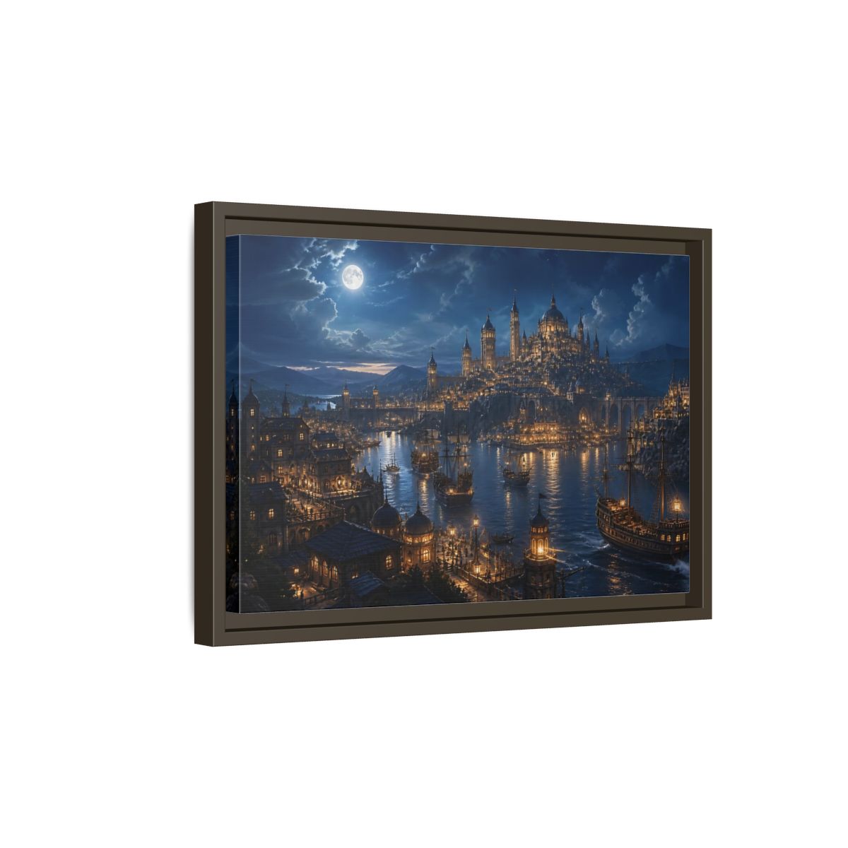 Side Mockup 5. Moonlit Harbor City shown as framed canvas print