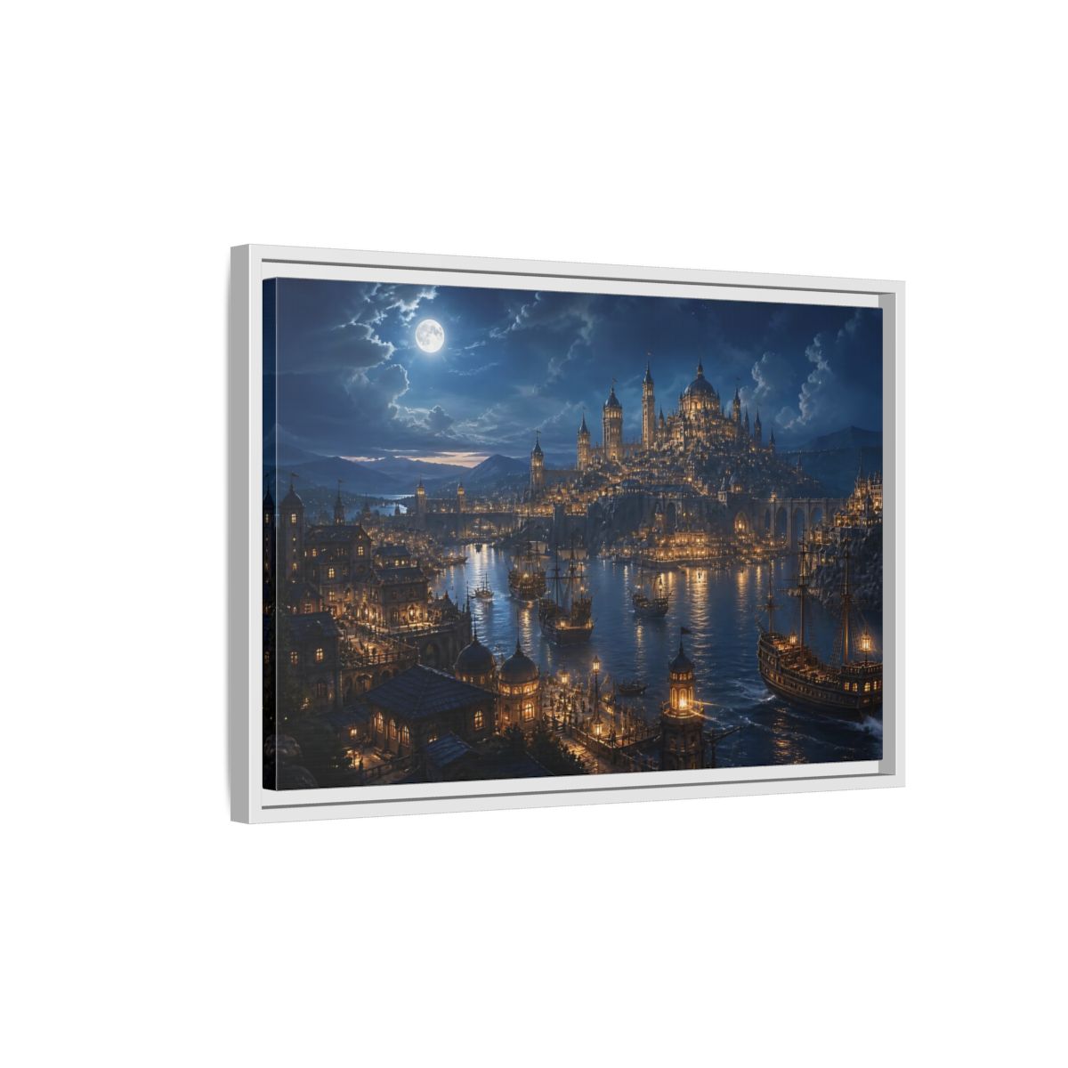 Side Mockup 1. Moonlit Harbor City shown as framed canvas print