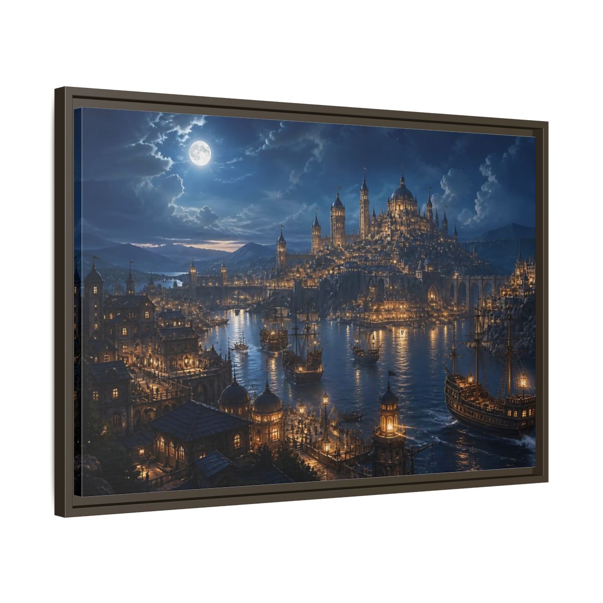 Side Mockup 11. Moonlit Harbor City shown as framed canvas print