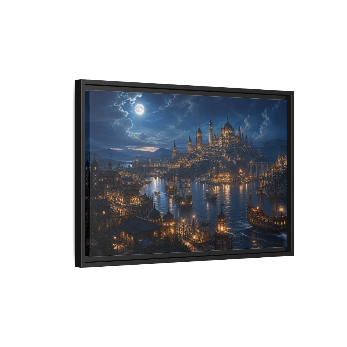 Side Mockup 3. Moonlit Harbor City shown as framed canvas print
