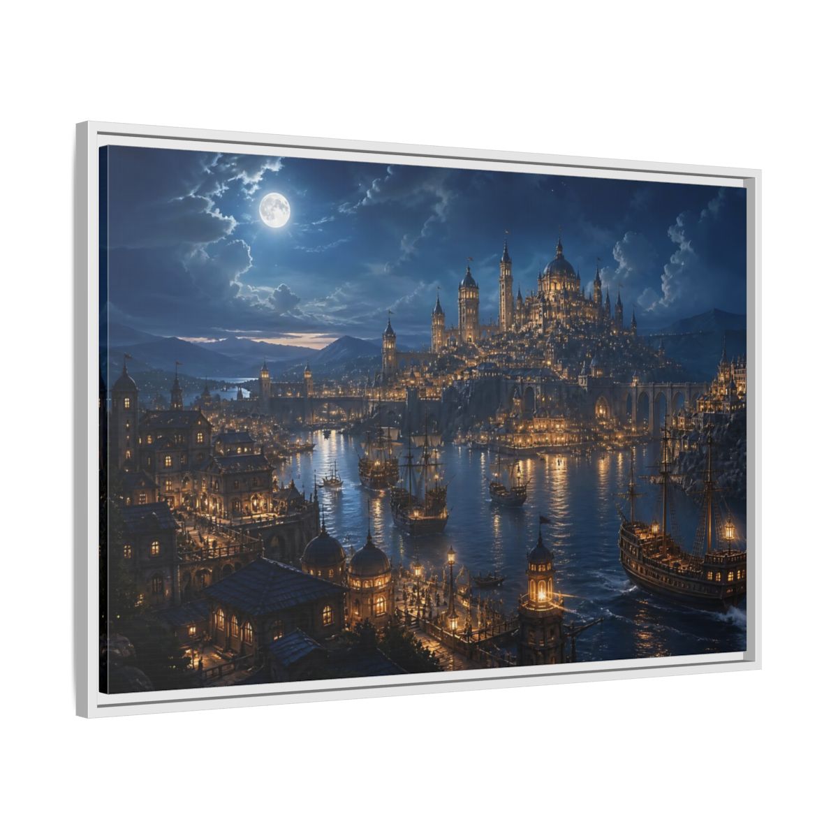 Side Mockup 9. Moonlit Harbor City shown as framed canvas print