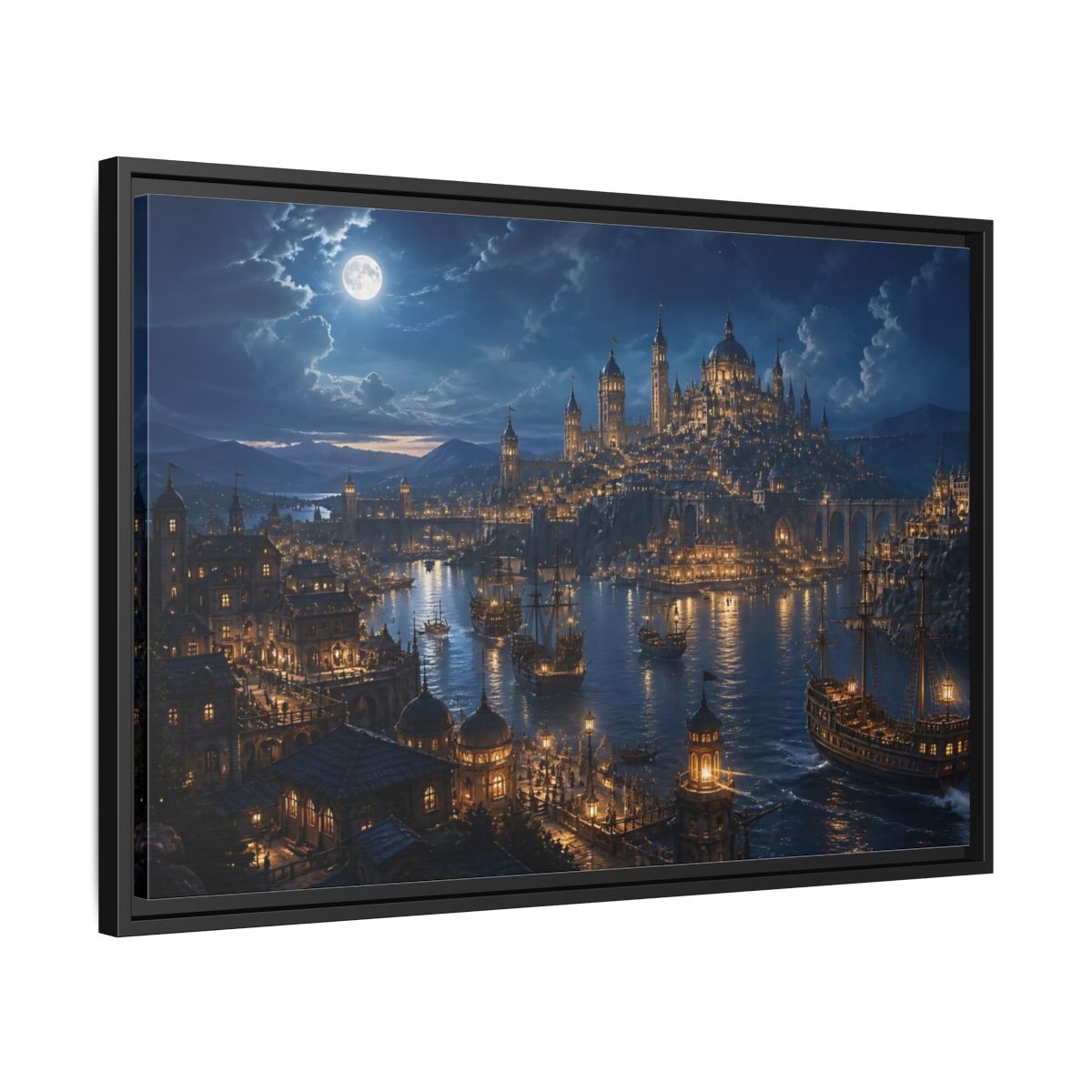 Side Mockup 14. Moonlit Harbor City shown as framed canvas print