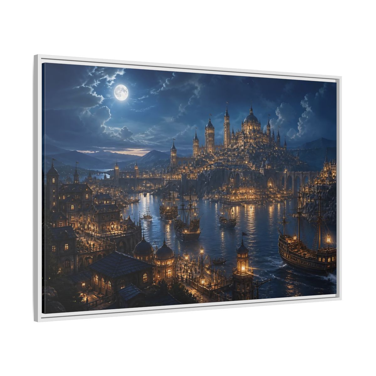 Side Mockup 7. Moonlit Harbor City shown as framed canvas print