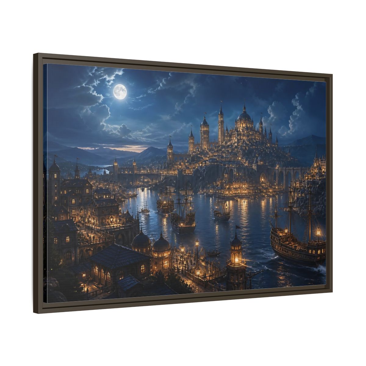 Main Mockup. Moonlit Harbor City shown as framed canvas print