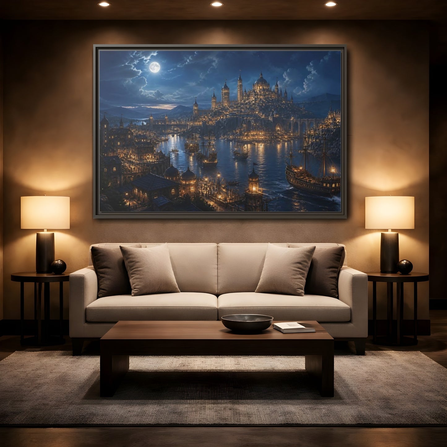 Mockup 2. Moonlit Harbor City shown as framed canvas print