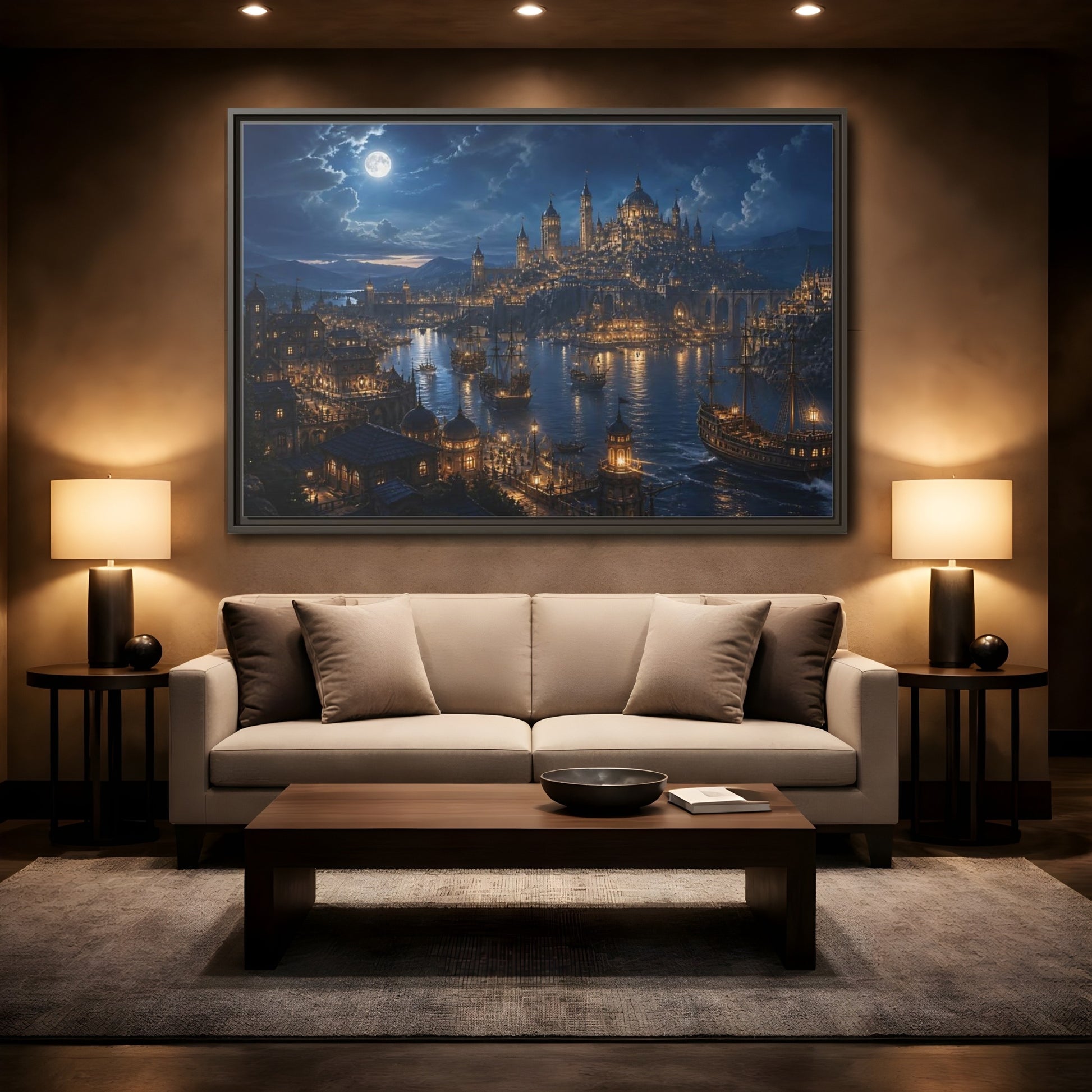 Mockup 2. Moonlit Harbor City shown as framed canvas print