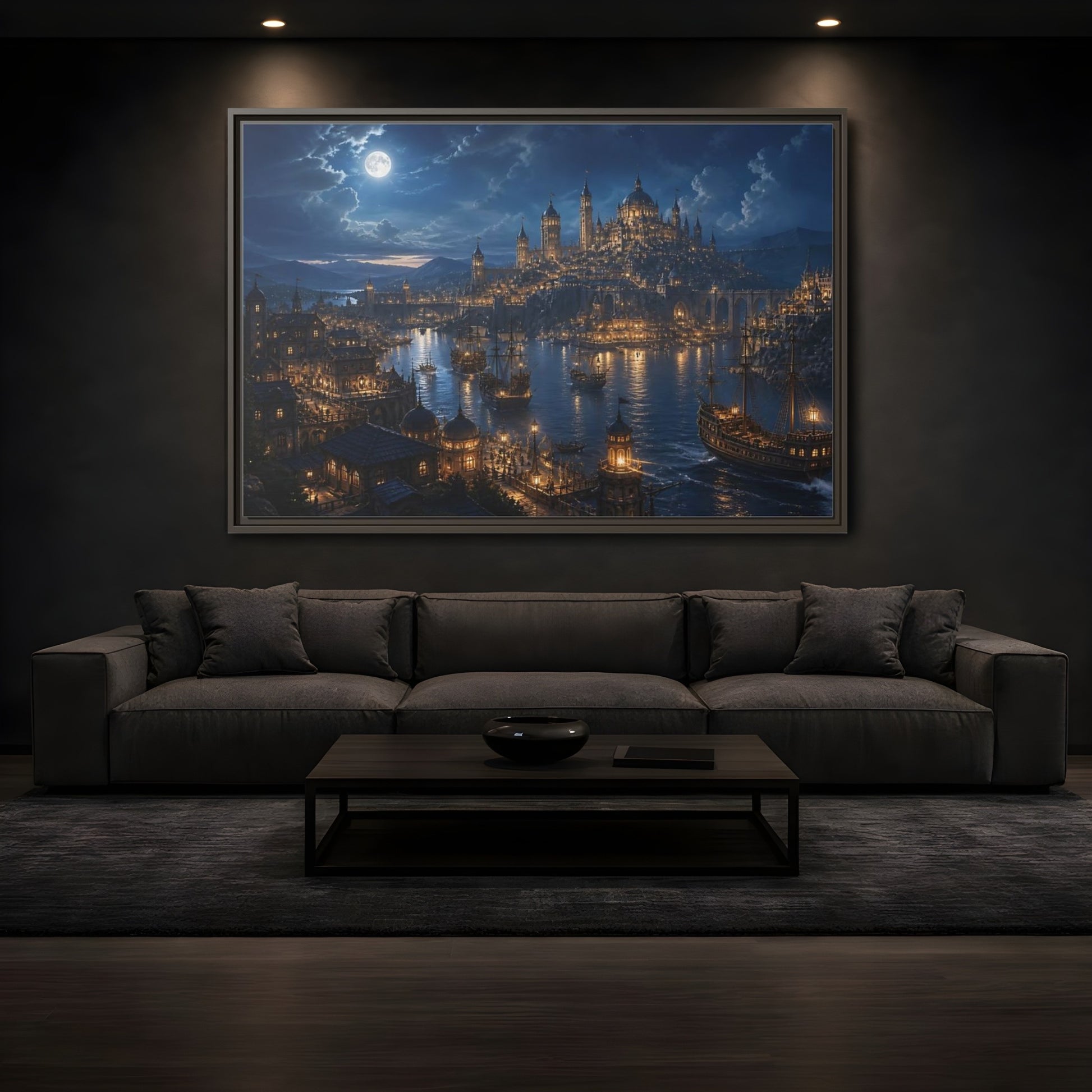 Mockup 3. Moonlit Harbor City shown as framed canvas print