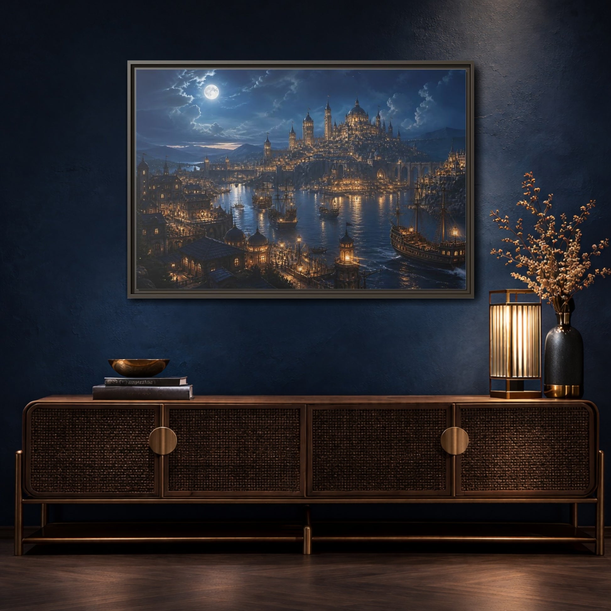 Mockup 4. Moonlit Harbor City shown as framed canvas print