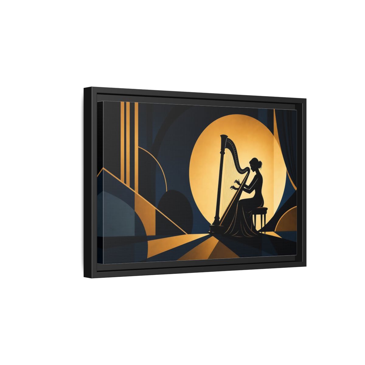 Side Mockup 6. Moonlit Harpist Silhouette shown as framed canvas print
