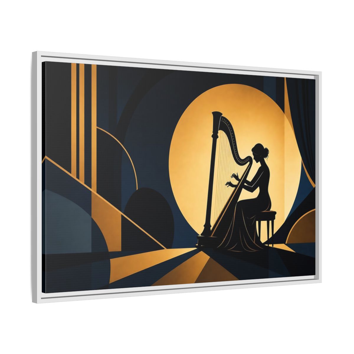 Side Mockup 9. Moonlit Harpist Silhouette shown as framed canvas print