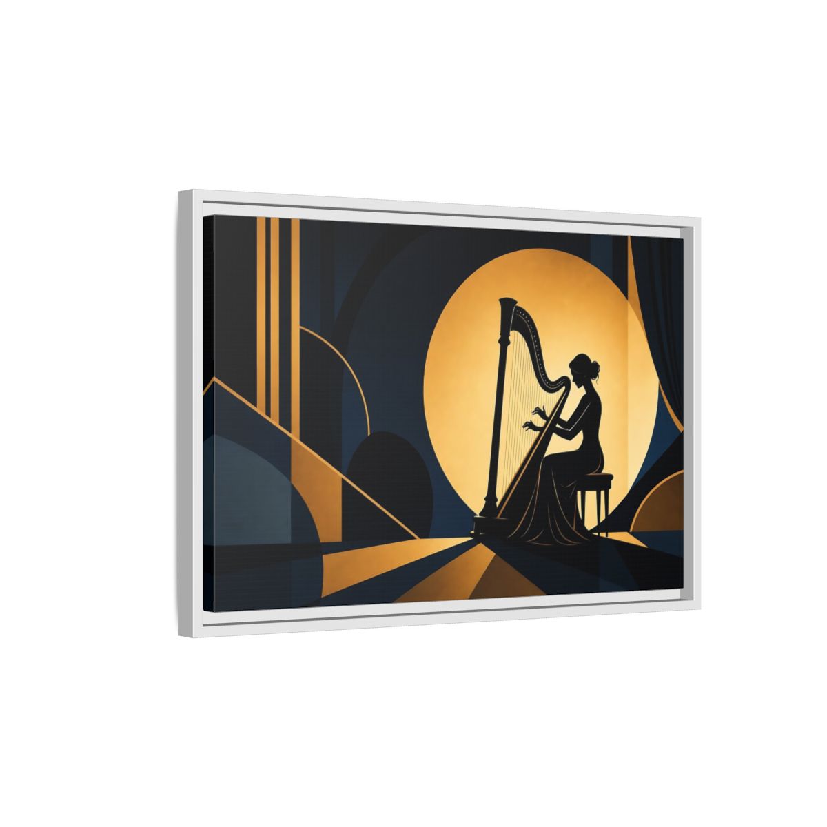 Side Mockup 1. Moonlit Harpist Silhouette shown as framed canvas print