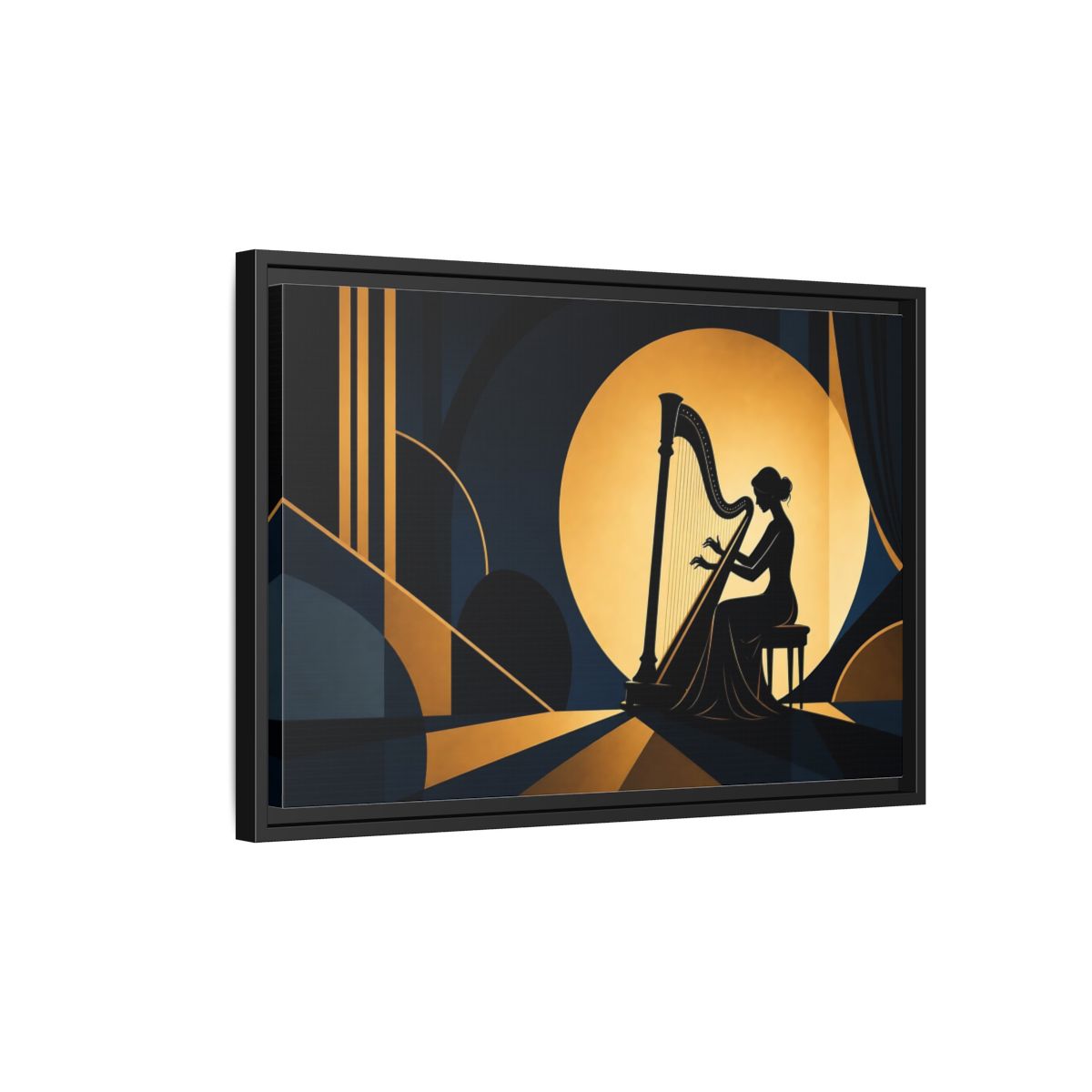 Side Mockup 3. Moonlit Harpist Silhouette shown as framed canvas print