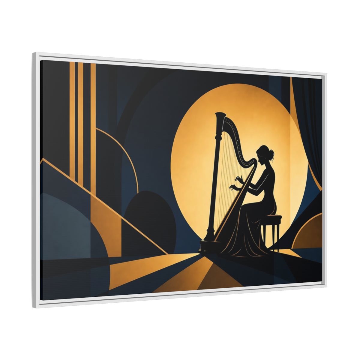 Side Mockup 7. Moonlit Harpist Silhouette shown as framed canvas print
